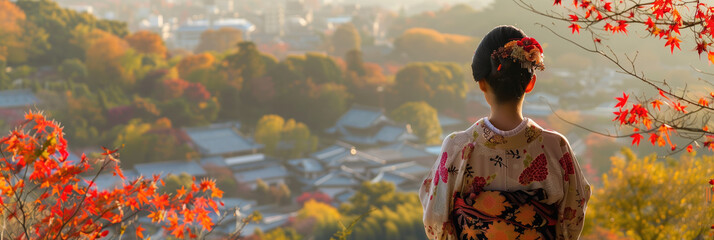 Wall Mural - A Banner of Lady in Kimono Bowing Gracefully Amidst Red Maple Leaves in Autumn Perspective Shot, for traveling ads.