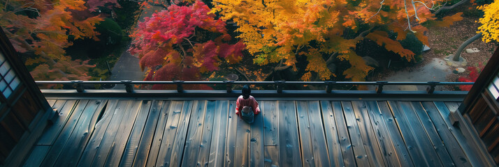 Wall Mural - Autumn Perspective Shot of Lady in Kimono Bowing Gracefully Amidst Red Maple Leaves