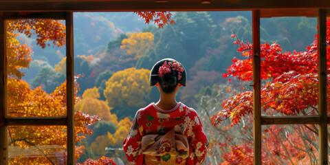 Wall Mural - Japanese Woman in Traditional Kimono Amidst Red Autumn Leaves, Captured from Above