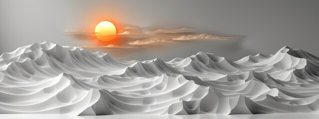 Wall Mural - Paper style,  minimalist white desert scene with paper dunes and a subtle sun.