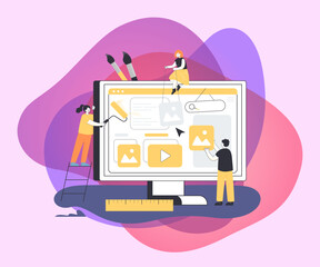 Wall Mural - Creative mini designers changing website interface. Tiny persons covering computer screen with paint and digital content flat vector illustration. Teamwork, marketing development concept for banner