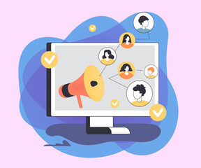 Sales announcement to clients flat vector illustration. Computer monitor with huge megaphone inviting friends. Loyalty program, digital marketing, advertising concept