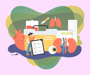Wall Mural - Tiny doctor checking human organs of donor for transplantation. People donating organs and blood to hospital flat vector illustration. Medicine concept for banner, website design or landing web page