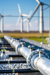 Hydrogen pipeline with wind turbines in the background, green hydrogen production concept