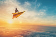 © Emanuel - Employee flying on a paper plane symbolizing professional growth and ambitions, concept of business and career development