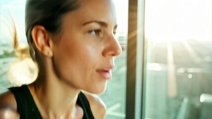 Wall Mural - Young woman running in profile on a treadmill in slow motion while talking to a friend with a view of the city out the window.