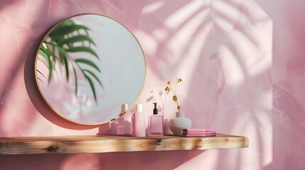 Wall Mural - Soft pink light bathroom decor for advertising, design, cover. Cosmetic set on light dressing table. Beautiful flowers in a vase on a pink wall background, mirror on a wooden shelf. mock up