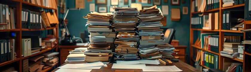 Wall Mural - A cluttered office desk piled high with documents and files, surrounded by bookshelves filled with books and office supplies in a dimly lit room.