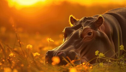 a hippopotamus basks in the golden light of the setting sun.