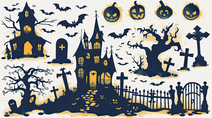 set of silhouettes for halloween gloomy house, sinister trees, fences, graves, skulls, pumpkins and 