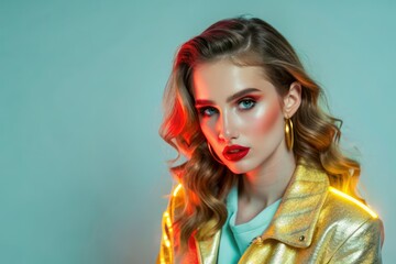 A studio fashion portrait of a trendy fashion woman posing on neon background