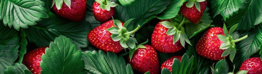 Fresh ripe strawberries with green leaves, vibrant red and juicy, perfect for summer fruit or healthy snack concepts.