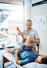 Poster - Physiotherapy, men and client with leg pain, care and healing with wellness, assessment and expert with skill. Chiropractor, physical therapist and patient with sports injury, healthy or consultation