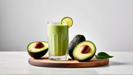 Minimalist Avocado Juice Delight, A Pure and Healthy Elixir Presented on Wood and White