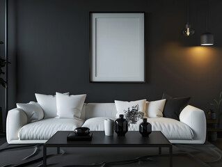 Modern living room with grey walls and white furniture. A white poster mockup hangs on the wall