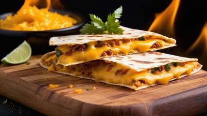 Wall Mural - Artisanal Three-Cheese Quesadillas with Bacon, Peppers and Lime Garnish - Rustic Wooden Board Backdrop with Hints of Flame