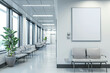 © Emanuel - Mockup of an empty white poster on the wall in a modern hospital waiting room with comfortable chairs and medical equipment