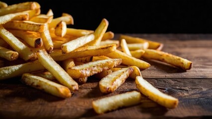 Poster - Crisp Delight, A Close-Up Glimpse of Golden Brown French Fries on Rustic Wood