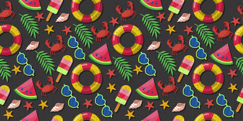 Aufkleber - Attributes of summer and beach holiday. Vector pattern of beach accessories. Seamless stylish pattern on a summer theme. Watermelon, ice cream, sunglasses, crab.