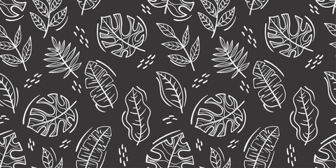 Poster - Palm leaves on a black background. Vector pattern of exotic palm leaves.