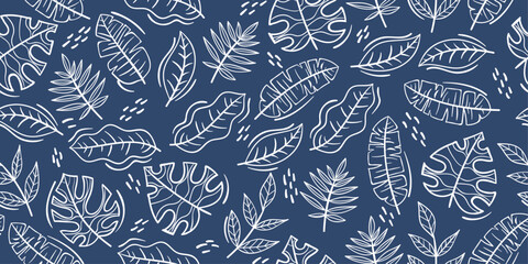 Leinwandbilder - Palm leaves on a blue background. Vector pattern of exotic palm leaves.