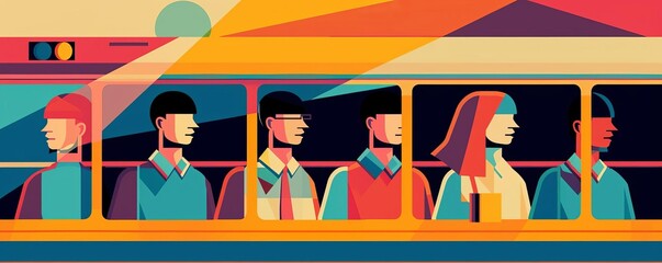 Vibrant colorful art depicting people on a bus, capturing urban life and diversity with a retro illustrative style.