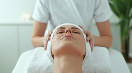 A woman receiving a relaxing facial massage at a spa. Professional beauty treatment for skincare and rejuvenation.