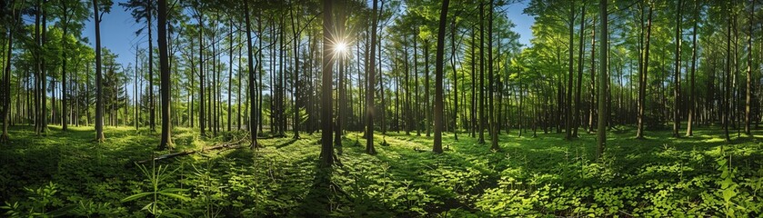 a lush green forest with a bright sun shining through the trees.