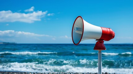 Red and White loudspeaker or horn megaphone for important public information against blue sea at beach