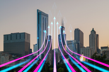 Wall Mural - Cityscape with digital hologram arrows overlay, photo manipulation style, on a metropolis background, business and technology concept. Double exposure