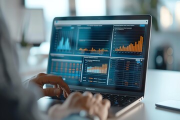 A business professional is using a laptop computer to view financial data. The graphs and charts on the screen show that the company is doing well. The professional is pleased with the results.