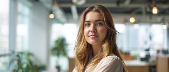 Poster - Portrait of a young woman smiling in an office. AI.