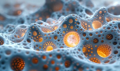 Wall Mural - Close-up of a 3D rendering of a coral-like structure with glowing orange orbs inside. AI.