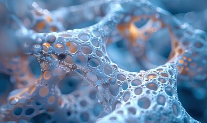 Wall Mural - Close-up of a 3D rendering of a white porous structure with a blue background. AI.