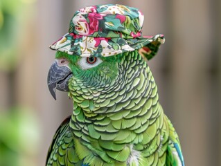 Poster - A parrot wearing a floral hat. AI.