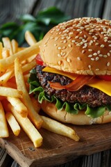 Wall Mural - Freshly prepared hamburger and French fries on a wooden cutting board, ready to be served or stored