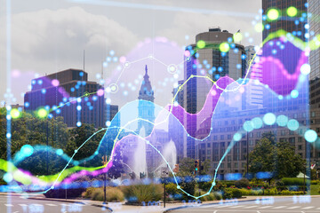 Wall Mural - Philadelphia skyline with a holographic graph overlay. Photo manipulation with a cityscape background. Future technology and business concept. Double exposure