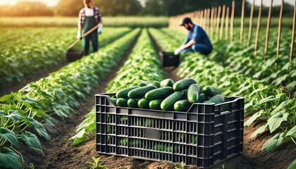 Wall Mural - An image of a cucumber harvest in a field