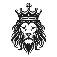 black and white vector logo of a lion head wearing a crown, on a minimalist background