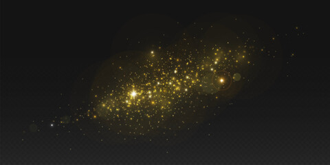 Wall Mural - Golden dust shimmering on dark night sky background. Vector realistic illustration of magic power glitter shimmering in darkness, bokeh overlay effect, yellow firework sparkles, stardust particles