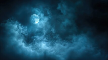 full moon illuminating a dark, cloudy night sky with dense blue fog. halloween background , nighttim