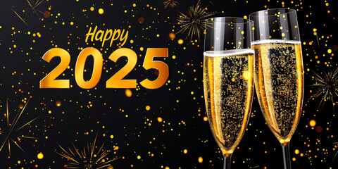 Wall Mural - Happy New Year 2025 Celebration with Sparkling Champagne Glasses and Golden Fireworks on Black Background