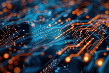 High tech geometric and connection system dark background with binary code and circuit. 3D rendering