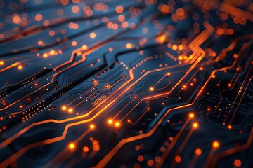 High tech geometric and connection system dark background with binary code and circuit. 3D rendering