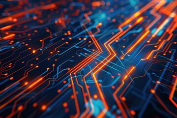 High tech geometric and connection system dark background with binary code and circuit. 3D rendering