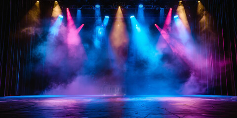 Wall Mural - Banner background of an empty stage with colorful spotlights and copy space