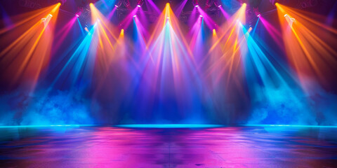 Wall Mural - banner background of an empty stage with colorful spotlights and copy space