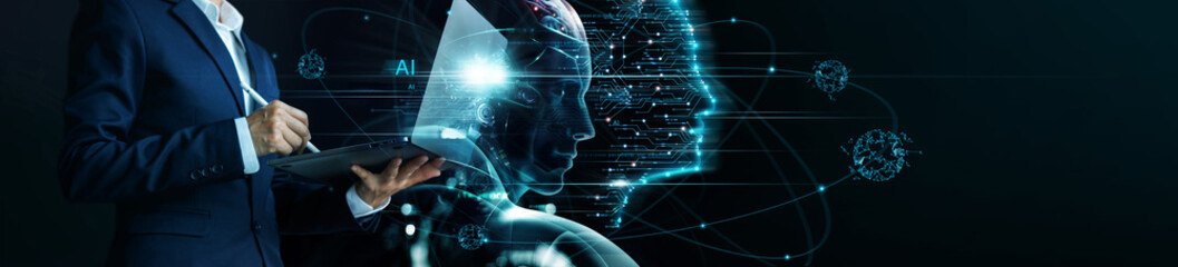 Leinwandbilder - Ai technology, Artificial Intelligence. Businessman using technology smart robot AI, enter command prompt for generate and solve problems of business, deep learning, Future technology transformation.