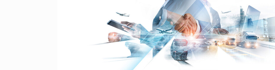 Poster - Transportation and Global logistics partnership. Businessman handshake for success investment deal and business teamwork implement of smart distribution technology in global supply chain networking.