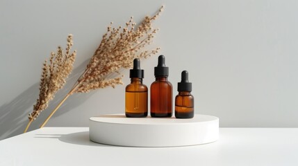 Poster - Brown glass dropper containers on white pedestal Eco friendly organic skincare set